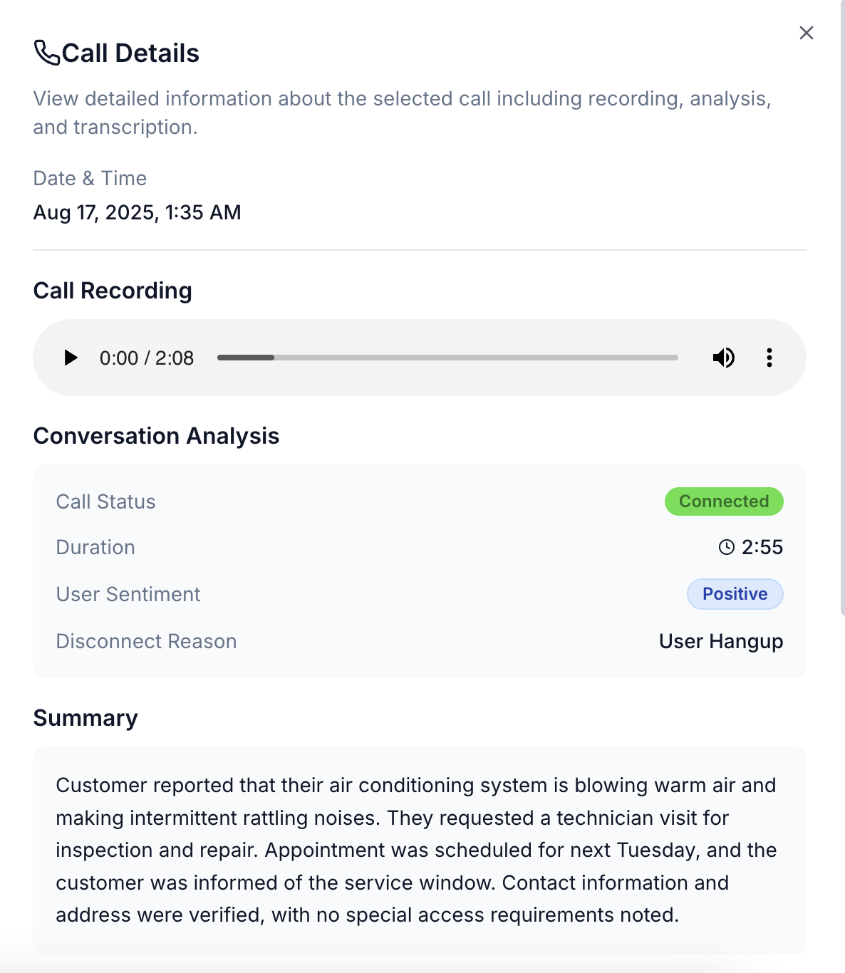 Screenshot of the call history page showing recorded calls with summaries