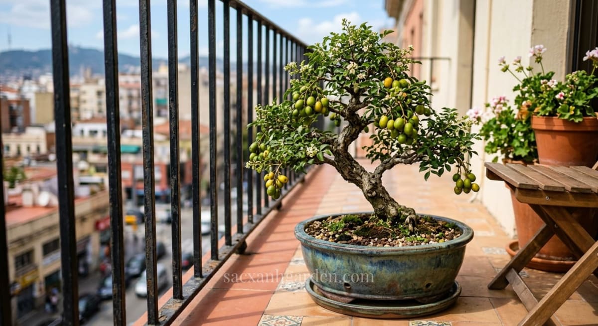 Cây cóc cảnh dáng bonsai đặt ở ban công nắng nhà phố