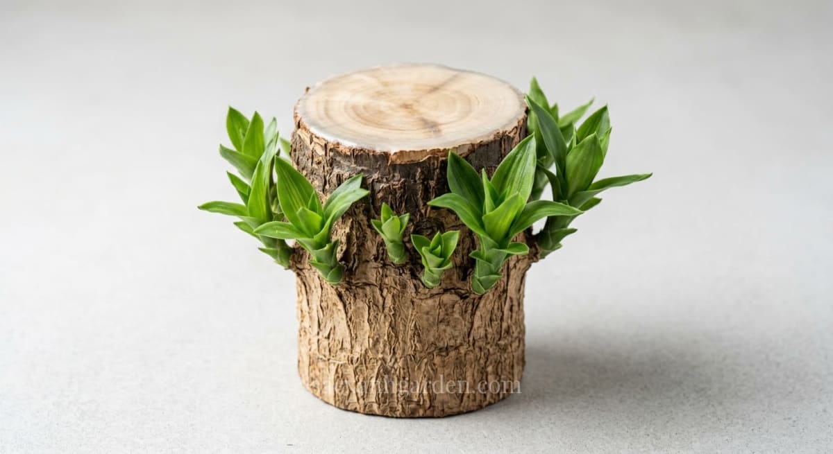 Một khúc thân cây phát tài khúc: mặt cắt trên phẳng, khô, lộ vân gỗ, chồi non xanh bật thành vòng quanh mép vết cắt