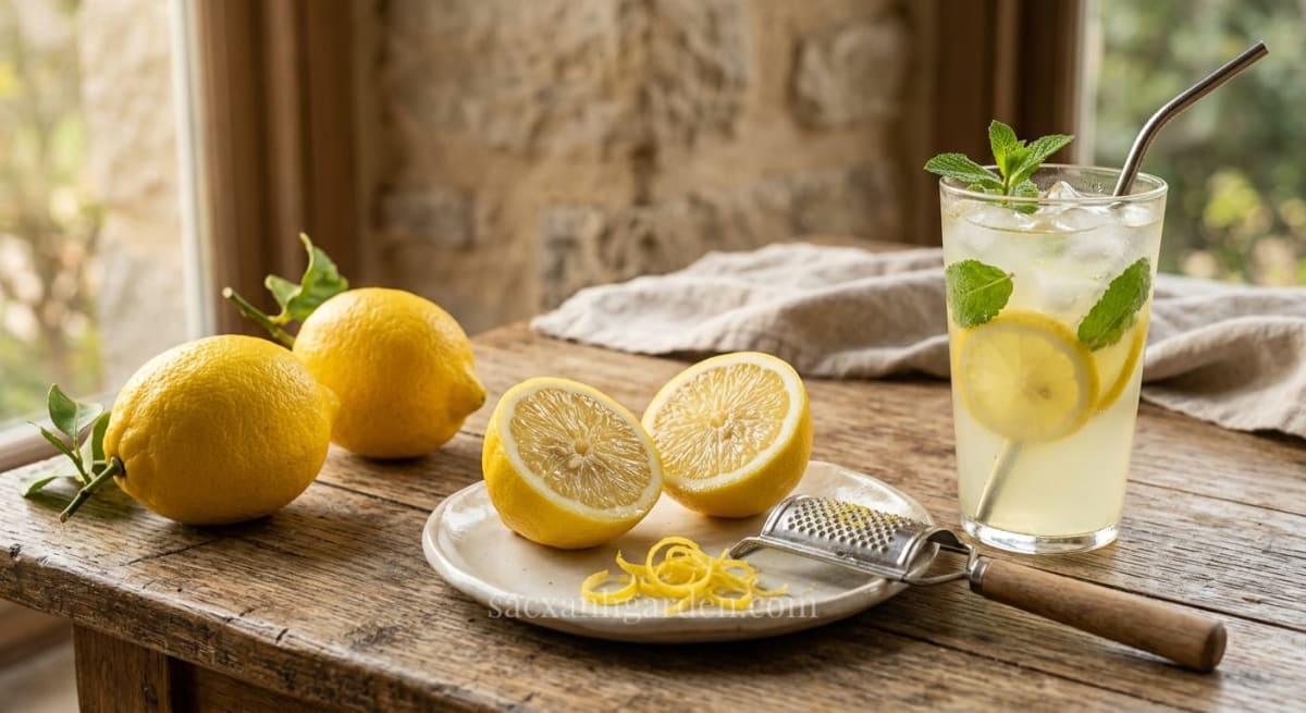 Trái chanh vàng Mỹ tươi, vỏ bào zest và ly soda chanh vàng mát lạnh trên bàn gỗ