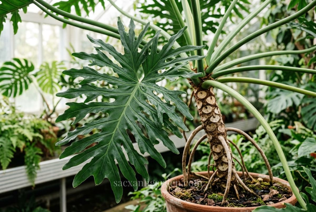 Lá trầu bà thanh xuân xẻ thùy sâu và thân giả hóa gỗ mang sẹo lá tròn