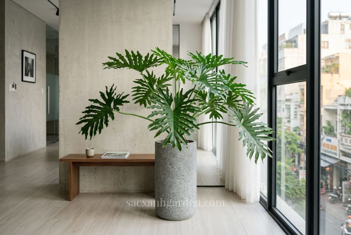 Cây trầu bà thanh xuân chậu cao đặt góc sảnh văn phòng cạnh cửa kính ở TPHCM