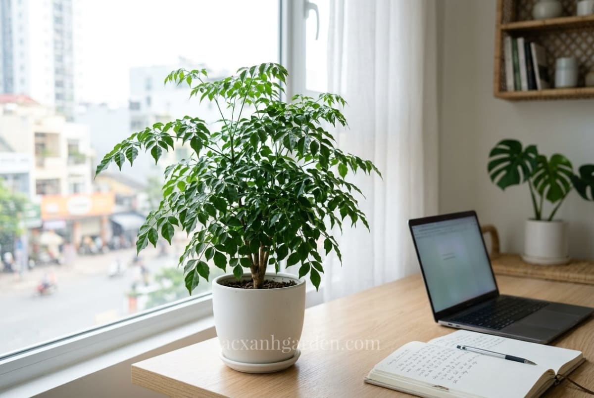Cây Hạnh Phúc để bàn đặt cạnh cửa sổ có nắng gián tiếp trong căn hộ tại TP.HCM