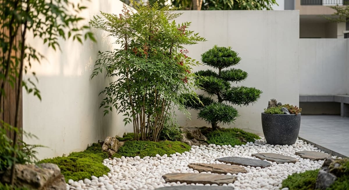 Nam Thiên Trúc làm tầng giữa trong tiểu cảnh khô kiểu Nhật ở sân trong nhà phố, phối cùng tùng và sỏi trắng