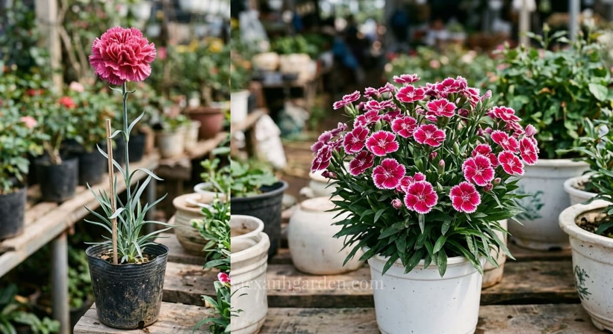 So sánh hoa cẩm chướng cao thân đơn hoa kép và hoa cẩm chướng lùn bụi thấp hoa chùm