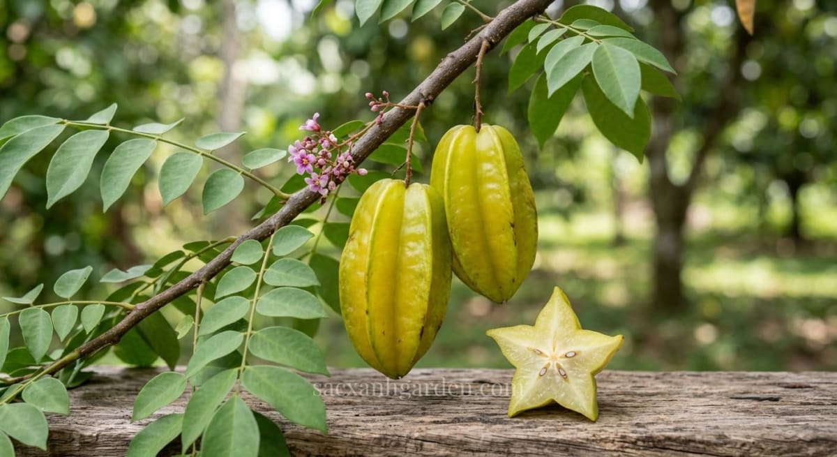 Cận cảnh quả khế năm cạnh trên cành, hoa khế màu hồng tím, lá kép lông chim và mặt cắt ngang hình ngôi sao năm cánh