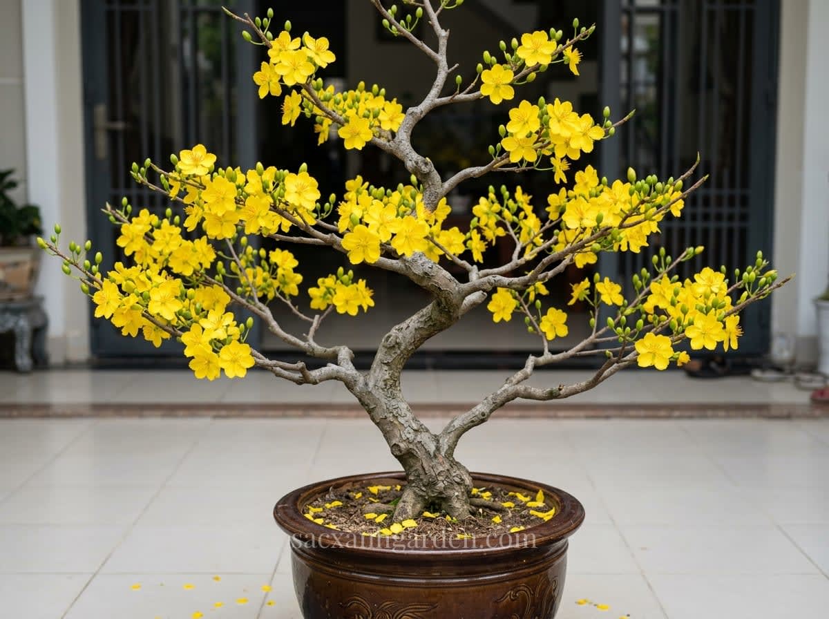 Chậu mai vàng dáng bonsai nở rộ hoa vàng năm cánh chưng Tết trên hiên nhà phố TP.HCM