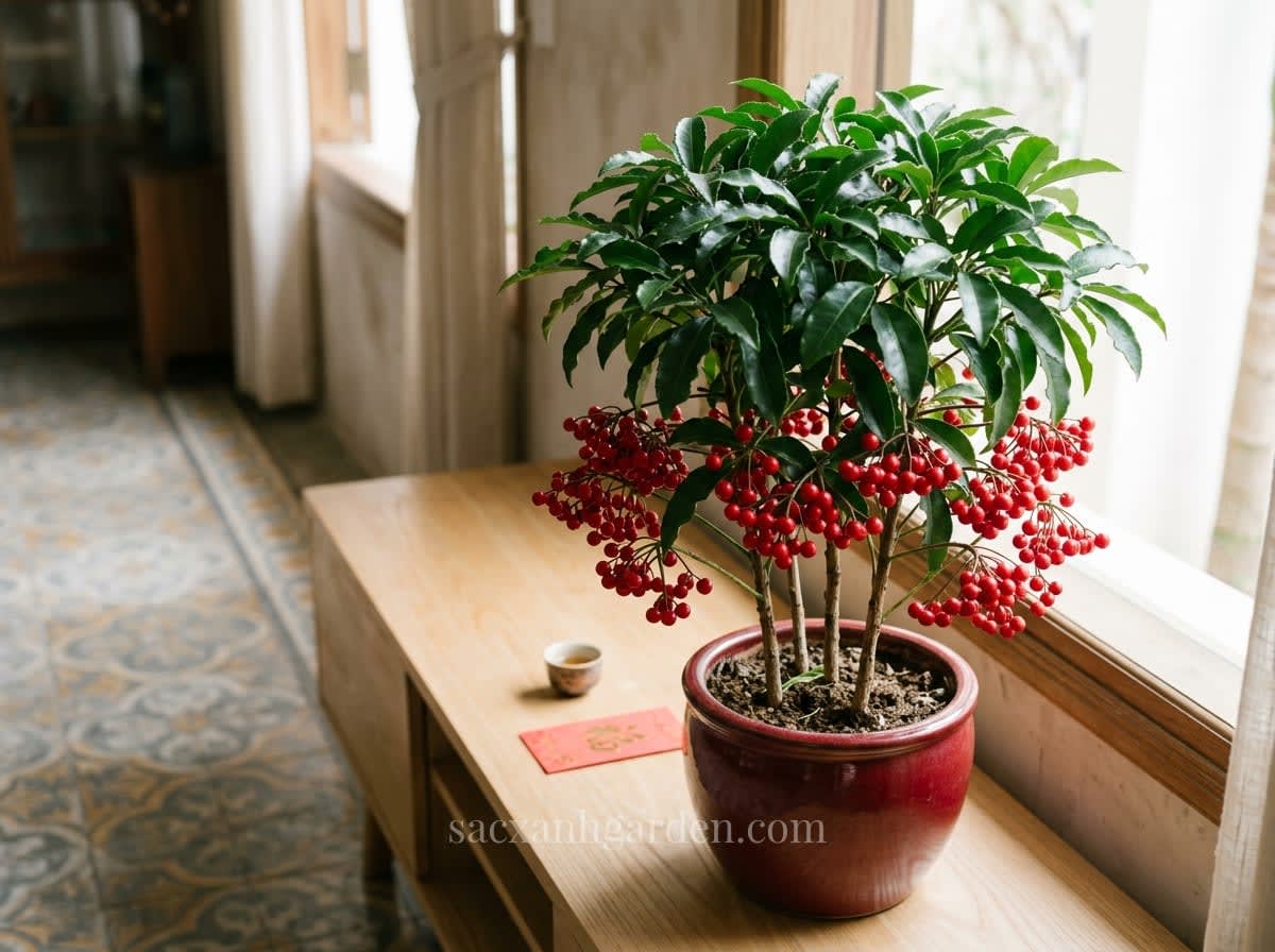 Chậu cây kim ngân lượng chùm quả đỏ cạnh cửa sổ phòng khách, cây chưng Tết bền màu