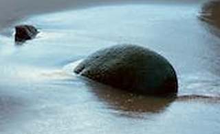 An image of a wave crashing into rocks on the beach. image