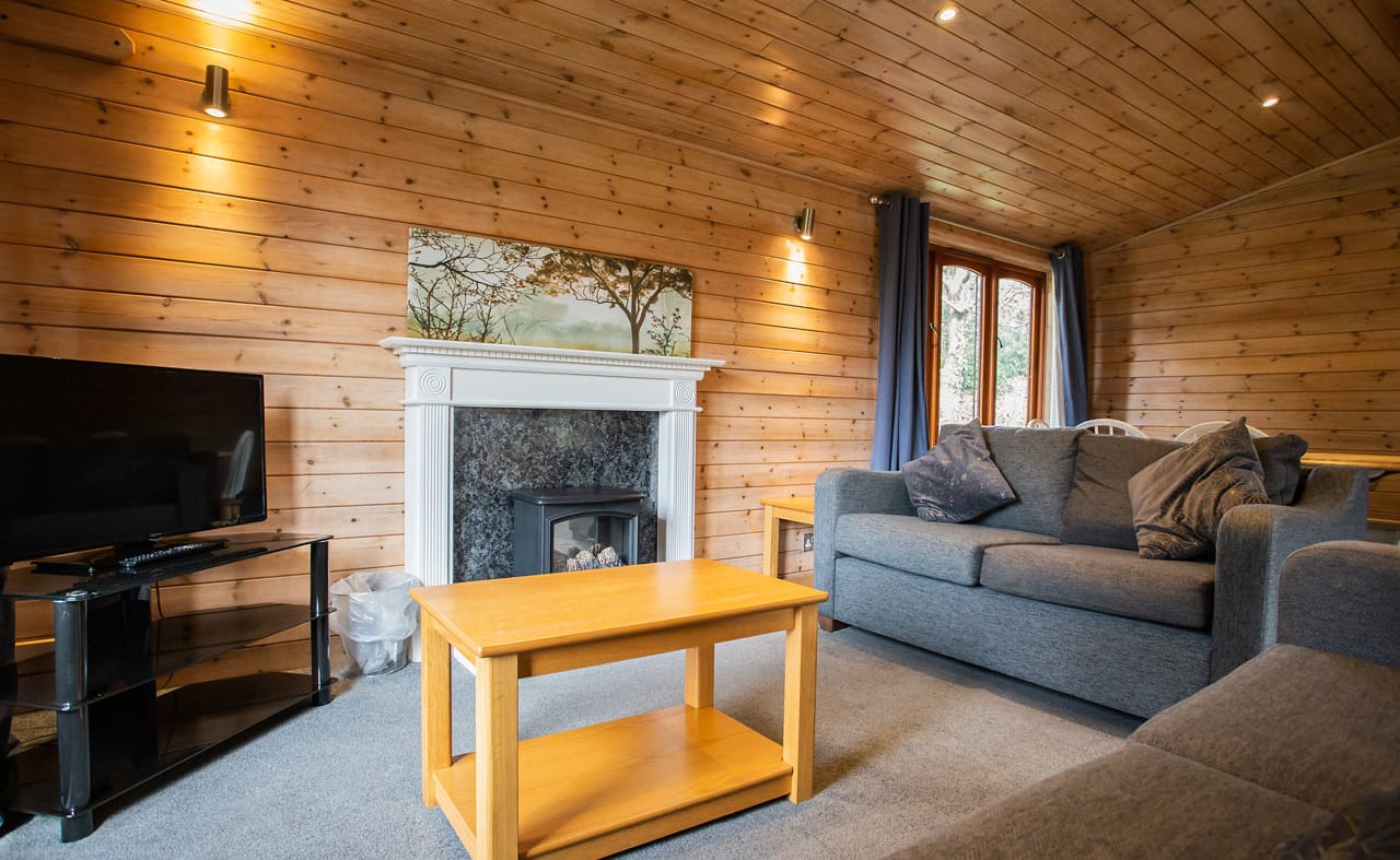 The interior of one of our woodland style holiday lodges. There's two grey sofas, a TV,  and wooden panel walls. image