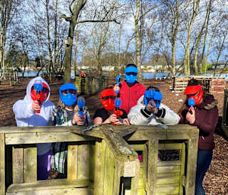 A group of people taking part in our awesome on-site activity, Gel Blasters. Book your space today!