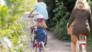 A family out cycling on a sunny day through the woods.