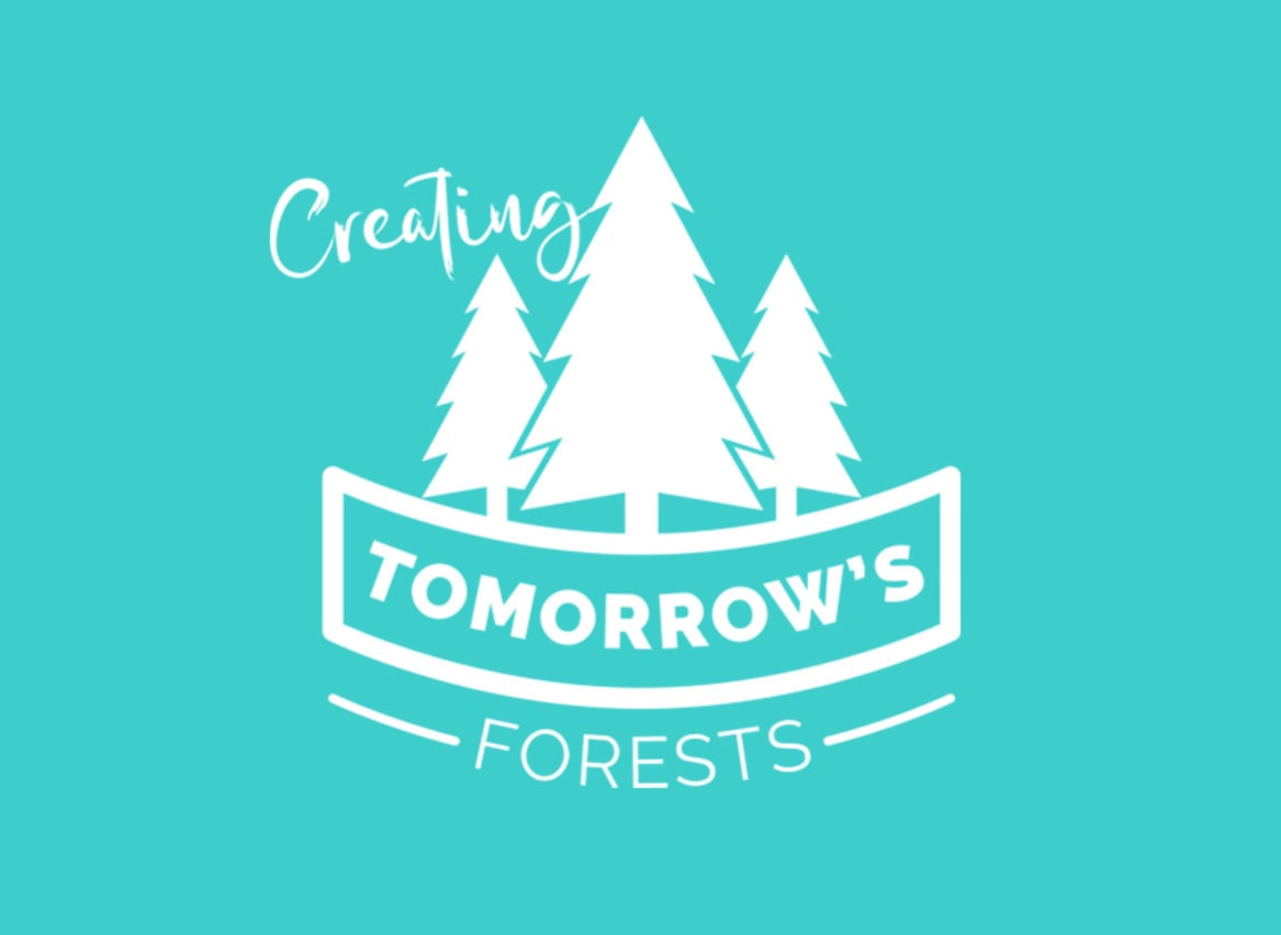 A turquoise background with a white logo with trees featured. The sign reads: Creating Tomorrow's Forests. image
