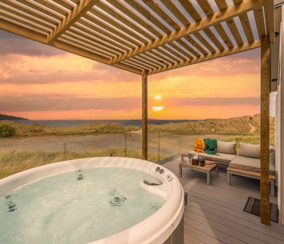 The hot tub at our stunning accommodation at our holiday park St Ives Bay with stunning sea views.