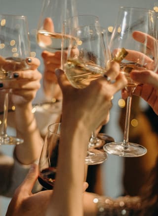 A group of people cheersing with glasses of wine.