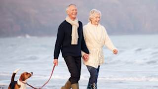 An image of a couple walking along the beach with their dog.