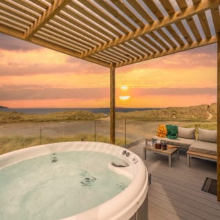 The hot tub at our stunning accommodation at our holiday park St Ives Bay with stunning sea views.