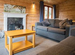 The interior of one of our woodland style holiday lodges. There's two grey sofas, a TV,  and wooden panel walls. image