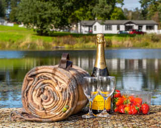A view of the lake at our park in Scotland, Moffat Manor. There is a picnic blanket on the floor with a rolled up blanket, bottle of bubbly, two wine glasses and some strawberrys. image