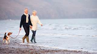 A couple enjoying a walk on the beach with their dog. The perfect way to spend your day!