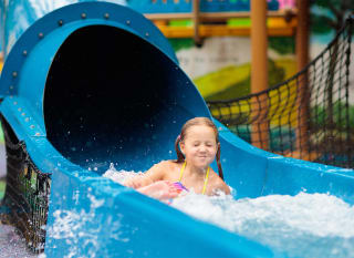 A child enjoying their day at a water park, zooming down a waterslide. image