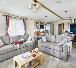 The inside of one of our holiday homes available. There are large sofas and a spacious kitchen area in this holiday home you can own. image