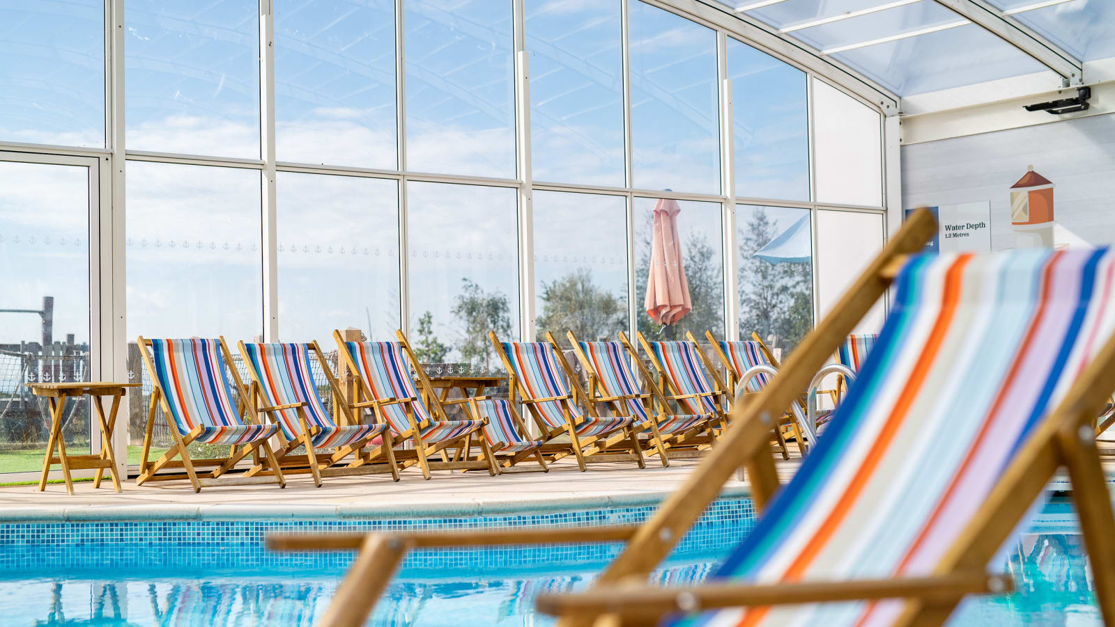 A close up image of a deck chair inside our indoor swimming pool at Mersea Island.