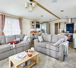 The inside of one of our holiday homes available. There are large sofas and a spacious kitchen area in this holiday home you can own. image