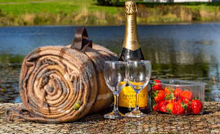 Views over the lake at Moffat Manor Holiday Park. There is a picnic set up with a bottle of prosecco, two glasses, some strawberries and a picnic blanket. There are views of the caravans in the background. image