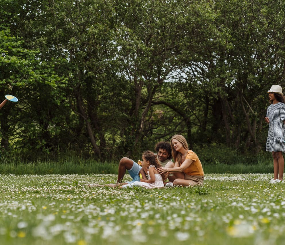 A family enjoying an afternoon together in a field. They are playing a game with a Frisbee.