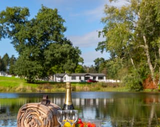 A view of the lake at our park in Scotland, Moffat Manor. There is a picnic blanket on the floor with a rolled up blanket, bottle of bubbly, two wine glasses and some strawberrys. image