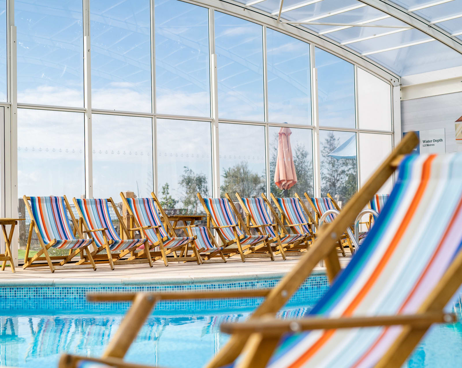 A close up image of a deck chair inside our indoor swimming pool at Mersea Island.