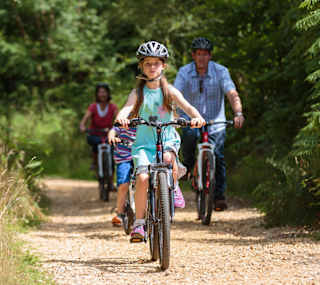 A family cycling through a woodland area on a sunny day. image