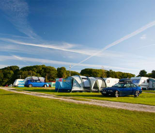 A row of pitched tents, caravans and cars are parked up on a grass parking spot on a sunny day.