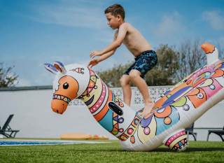 A young white boy, jumping onto an inflatable lama into the outside pool. image
