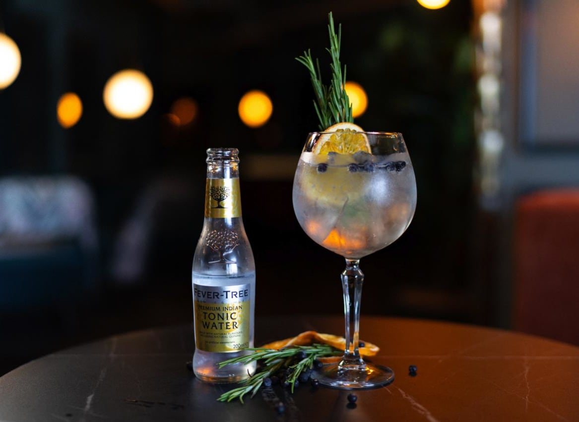 A bottle of tonic water with a glass of gin. image