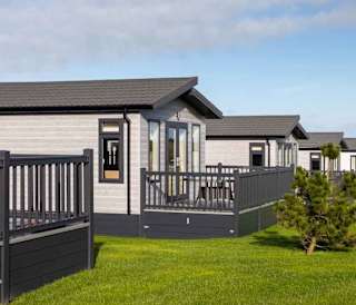 Some of our luxury lodges at one of our holiday parks. The view is of the exterior of the lodges, with the surrounding green space, and a small tree.