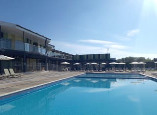 A bright sunny day looking out at the outdoor swimming pool on our holiday park, Cleethorpes Pearl, Lincolnshire. image