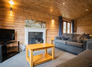 The interior of one of our woodland style holiday lodges. There's two grey sofas, a TV,  and wooden panel walls. image