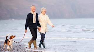 A couple enjoying a walk on the beach with their dog. The perfect way to spend your day!