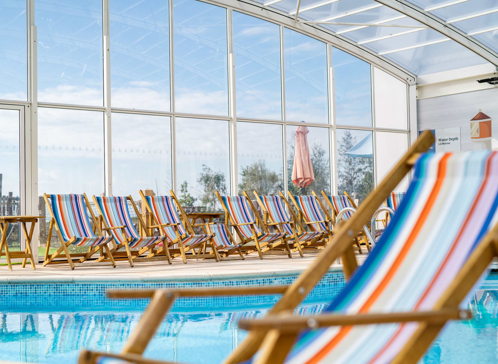 A close up image of a deck chair inside our indoor swimming pool at Mersea Island. image