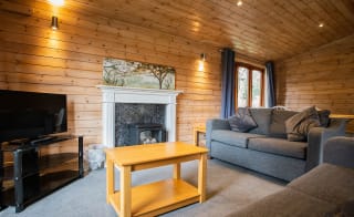 The interior of one of our woodland style holiday lodges. There's two grey sofas, a TV,  and wooden panel walls. image