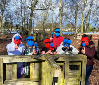 A group of people taking part in our awesome on-site activity, Gel Blasters. Book your space today!