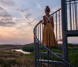 A photo of a girl with blonde hair in a bun wearing a orange polkadot dress, whom is standing in the middle of a spiral staircase looking out at the sunset.