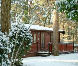 The exterior of one of our wooden lodges at Sandy Balls, Hampshire, on a snowy day.