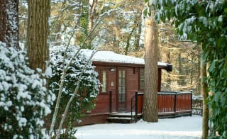 The exterior of one of our wooden lodges at Sandy Balls, Hampshire, on a snowy day. image