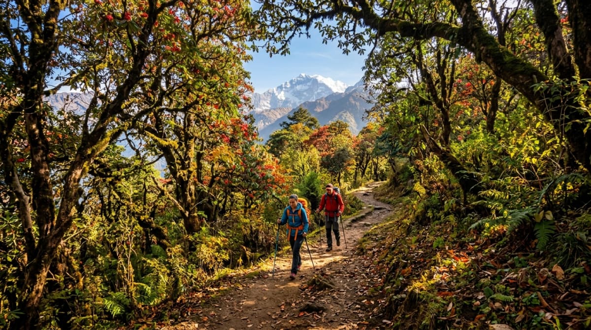 Trekkers walking through forest trail on Mardi Himal Trek in autumn