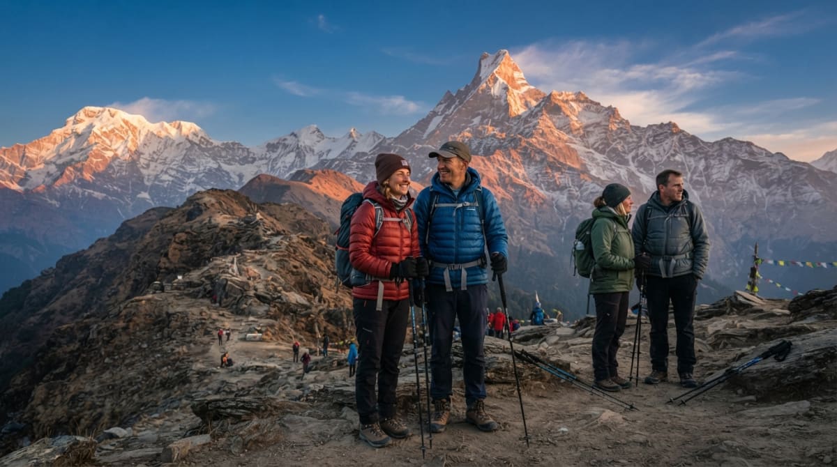 Trekkers enjoying sunrise views from Mardi Himal Base Camp
