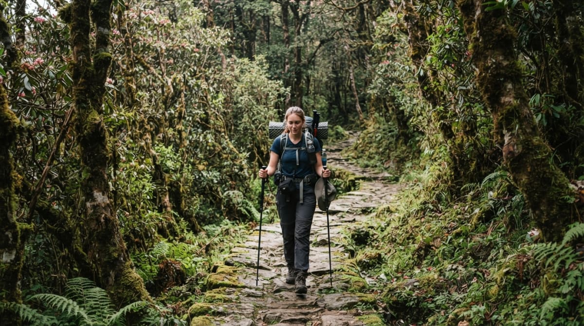 Trekker walking through the forest on the Mardi Himal route