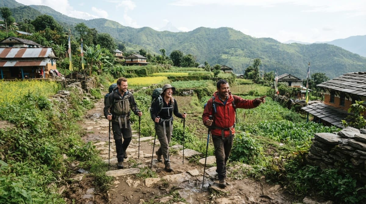 Trekkers beginning the Mardi Himal Trek from Kande on a forested Himalayan trail